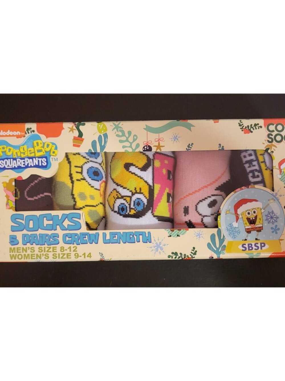 SpongeBob 5 Pair Crew Length Socks Fits Size 8-12 Brand New in Box